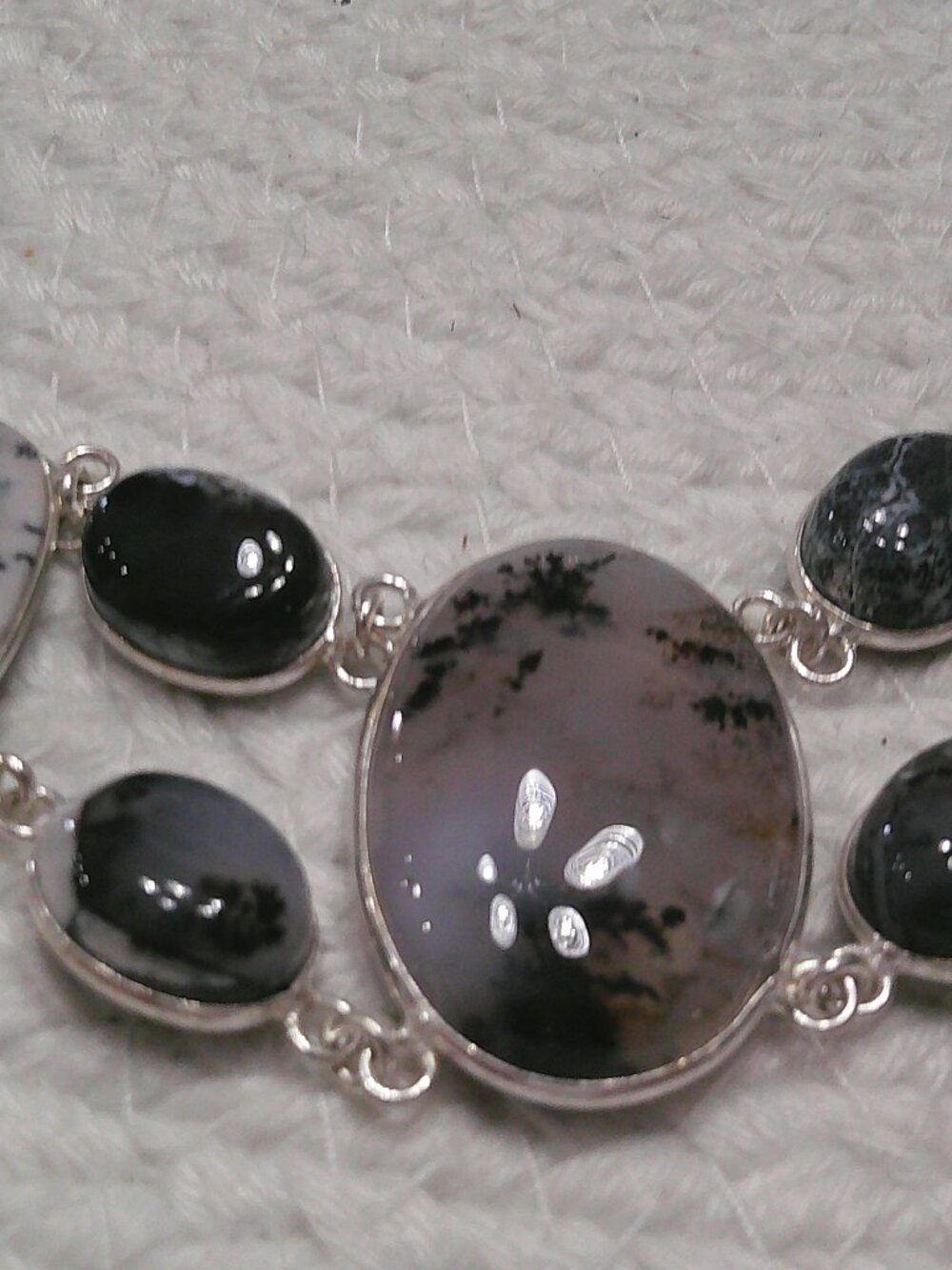 Gorgeous BLACK RUTILE & DENDRITE OPAL Handmade Sterling 925 Bracelet #50F